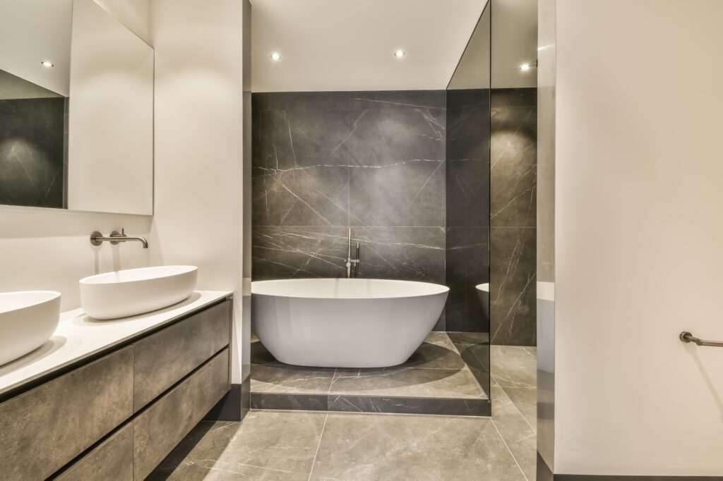 The interior of a marble bathroom